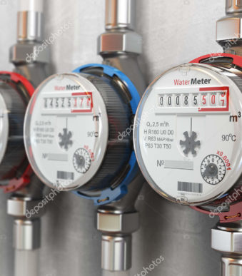 Row of water meters of cold and hot water on the wall background. 3d illustration